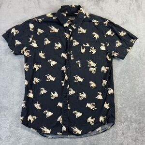 Pug All Over Print Shirt XXX Rude Black Short Sleeve Button Down Mens Medium Top